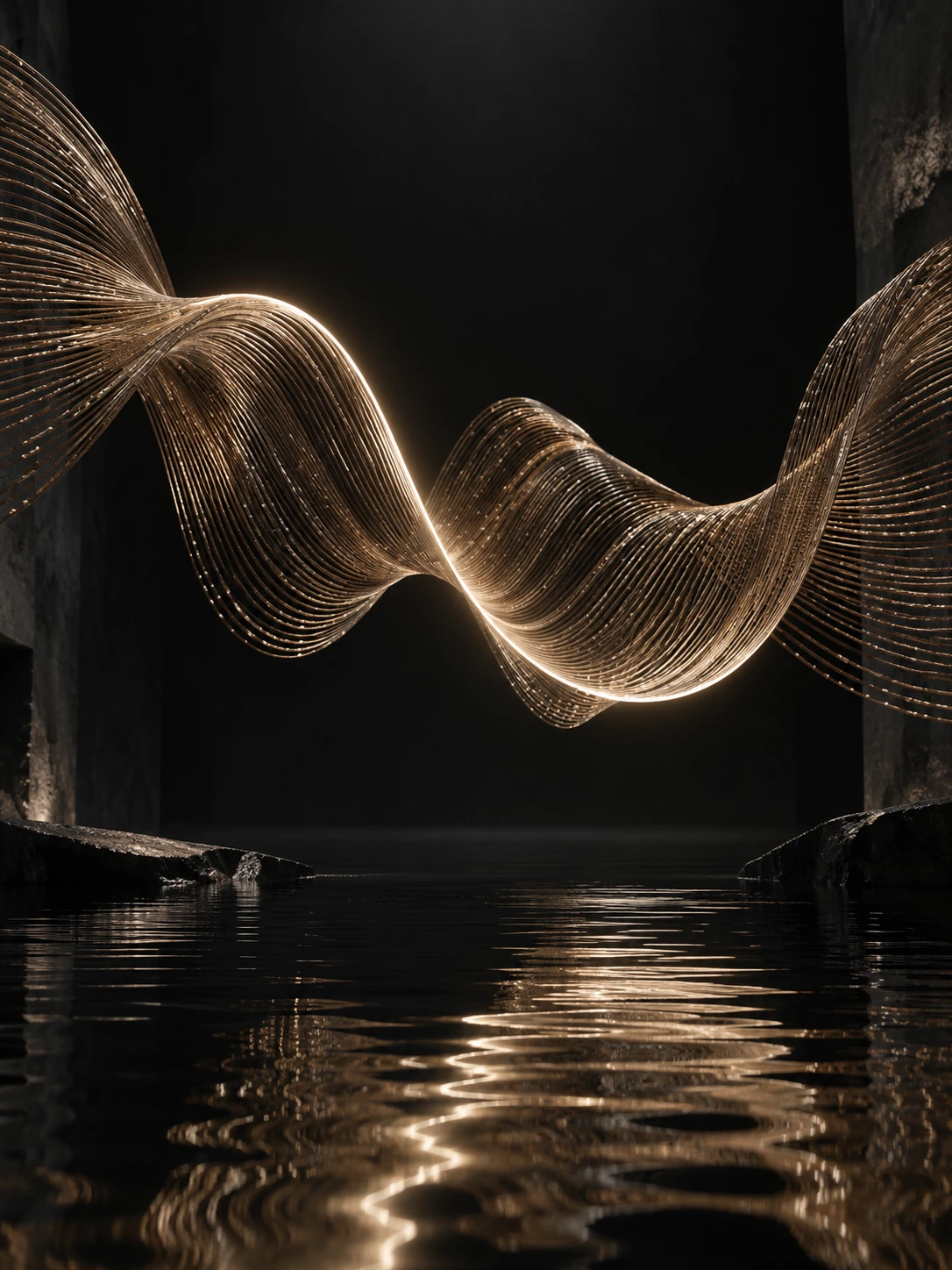 Eine geschwungene Klangwelle aus goldenen Metallfäden spiegelt sich auf einer dunklen Wasserfläche.