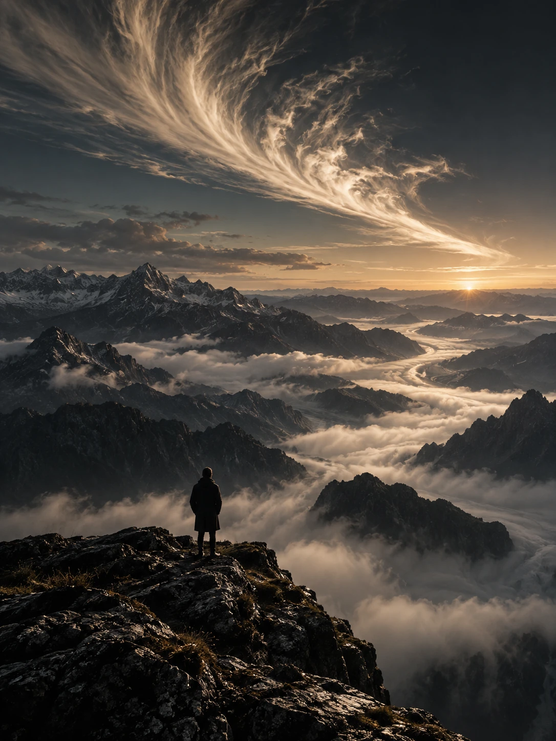 Eine kleine Silhouette über einem Meer aus Nebel und Bergen, darüber ein weiter Lichtbogen aus Wolken.