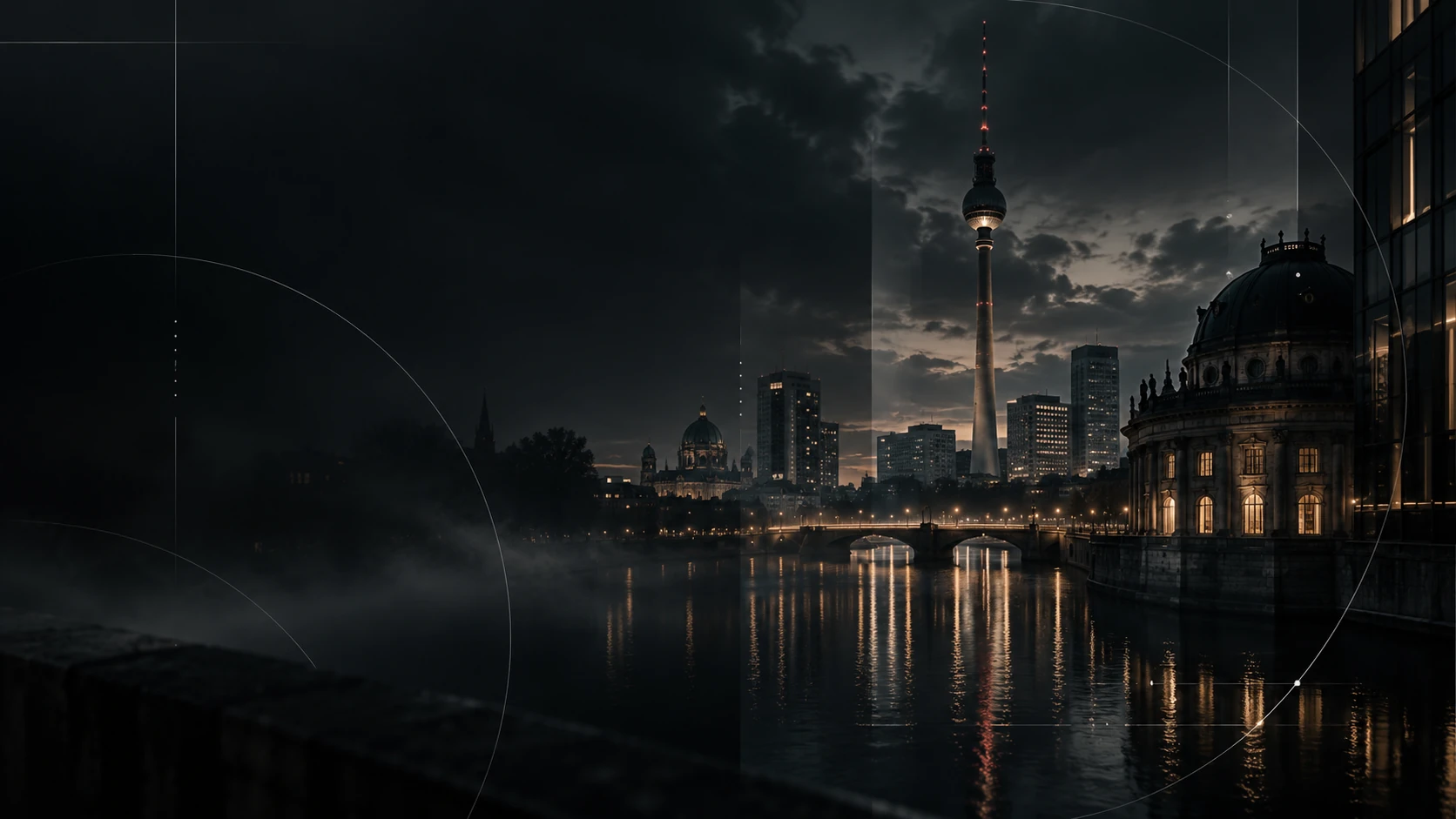 Künstlerische Berliner Skyline mit Fernsehturm und Spree bei Nacht.