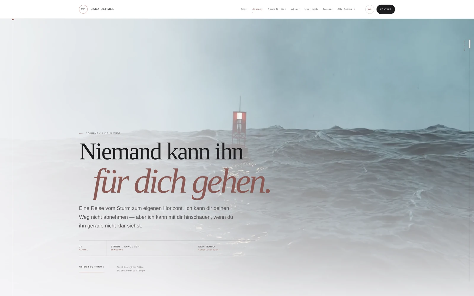 Cara Dehmels Journey: Meeresmotiv und die Überschrift Niemand kann ihn für dich gehen.