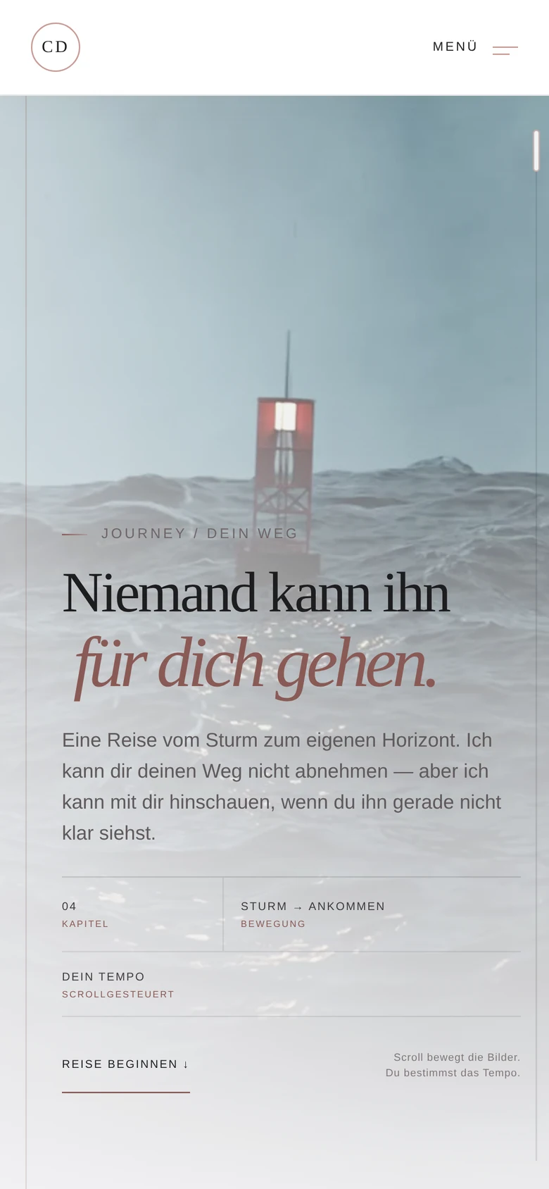 Cara Dehmels Journey: Meeresmotiv und die Überschrift Niemand kann ihn für dich gehen. Mobile Ansicht.
